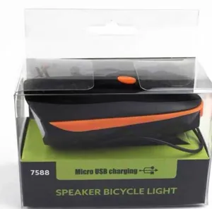 Detailed view of the rechargeable speaker bicycle light in clear packaging showing control buttons.