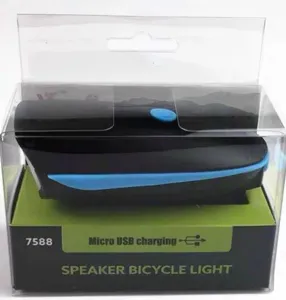 Portable rechargeable bicycle headlight with speaker, clear packaged bike light design.