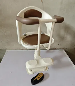 Front child safety seat detail, adjustable lift guardrail and secure strap for electric bike.