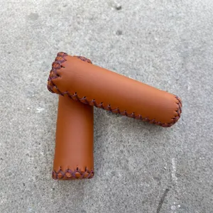Vintage bicycle handlebar grips brown PU leather hand-stitched cycling accessories pair