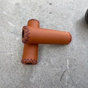 Retro bicycle handlebar grips, brown leather hand-sewn design for road and folding bikes