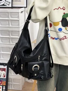 Black large capacity leather shoulder bag multi pocket casual hobo daily commuter handbag