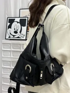 Casual black leather multi-pocket backpack and shoulder bag for women daily commute style