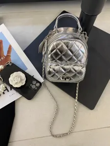Mini sac à dos matelassé argenté avec bandoulière chaîne et fermoir pour les femmes.