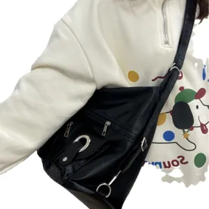 Black PU leather shoulder bag casual large capacity messenger bag for women daily commute