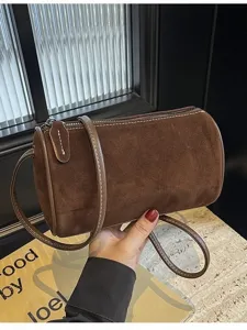 Women Vintage Synthetic Leather Crossbody Bag Small Cylindrical Pillow Camera Bag Fashion Solid Color Zipper Shoulder Bag