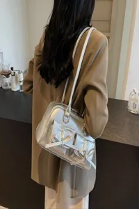 Silver shoulder bag with chic bow pockets, trendy balletcore crossbody purse for women.