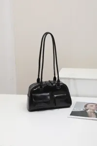 Black patent leather shoulder bag retro minimalist underarm tote bag daily commuting purse