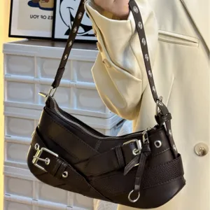 Dark brown motorcycle shoulder bag with buckles and metal eyelet straps for women vintage style.