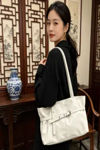 Women white shoulder tote bag large capacity commuter motorcycle style casual handbag