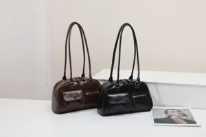 Retro minimalist PU leather shoulder bag for women, casual daily tote bag with double straps.