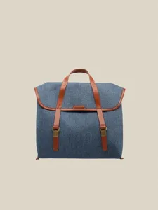 Vintage Jeans Leinen Aktentasche Handtasche mit braunen Lederriemen fuer den Alltag.