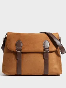 Vintage brown suede messenger bag, trendy Korean style crossbody shoulder bag for women