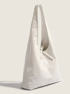 White soft leather slouchy shoulder hobo bag, large capacity minimalist casual tote daily.