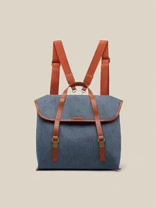 Retro Jeans Canvas Rucksack mit braunen Lederriemen, stilvolle Freizeittasche fuer den Alltag.