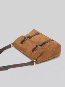 Brown retro suede crossbody messenger bag for women, chic vintage shoulder bag.