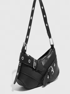 Black Y2K Biker Shoulder Bag with Metal Grommets and Buckles Trendy PU Leather Handbag
