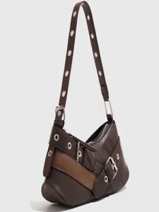 Vintage brown leather shoulder bag with metal grommets and buckles for daily fashion women.