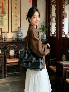 Korean style black motorcycle shoulder bag, large capacity fashion underarm tote bag for women.