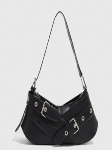 Black Y2K motorcycle shoulder bag for women, retro chic underarm hobo bag with buckles.