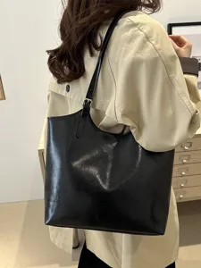 Women Large Capacity Tote Bag PU Leather Urban Minimalist Shoulder Bag Casual Commuter Underarm Bag Fashion Handbag