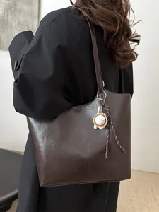 Womens brown pu leather tote bag retro large capacity shoulder bag for daily commuting work