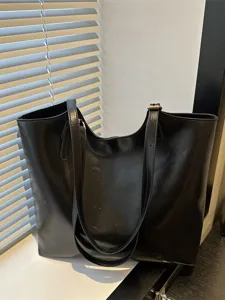 Black leather tote bag for women large capacity casual shoulder bag daily commuting main