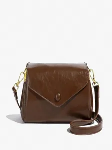 Retro brown leather envelope shoulder bag, minimalist women crossbody bag with gold hardware.