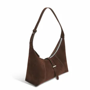 Close-up view of the brown suede hobo shoulder bag showing texture and zipper detail.