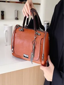 Retro women boston handbag vintage PU leather shoulder crossbody bag main image display.