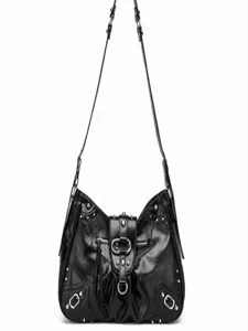 Black motorcycle shoulder bag for women, retro rivet PU leather slouchy tote crossbody bag.