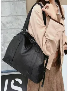 Women black large capacity PU leather handbag casual tote shoulder crossbody bag daily use.