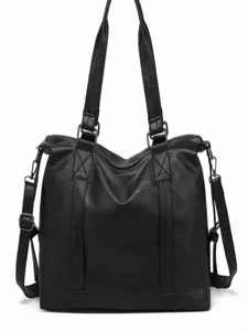 Classic black leather tote bag for women, large capacity casual shoulder and crossbody bag.