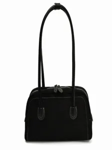 Black suede texture shoulder bag for women, elegant daily commute tote with double handles.