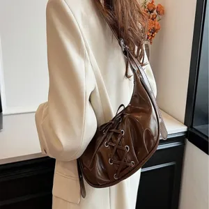 Women Pleated Underarm Bag Chic PU Leather Dumpling Handbag Bow Ribbon Shoulder Bag Fashion Casual Purse