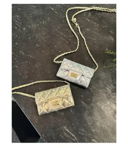 Detailed close-up view of luxury style quilted mini chain crossbody bags in silver and gold.