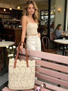 Élégant sac cabas en dentelle beige pour femme, grand sac shopping d'épaule décontracté.