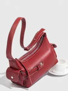 Red leather shoulder bag underarm bag contrast stitching crescent bag chic daily casual purse