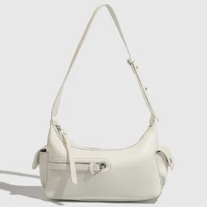 Close-up detail of the white crescent underarm bag, showing zipper pocket and side parts.