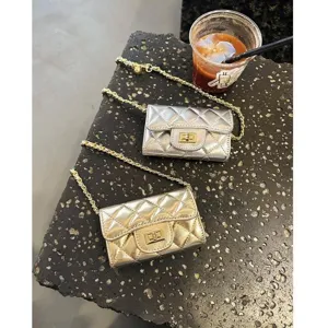 Mini quilted chain crossbody bag for women, metallic shoulder coin purse and lipstick pouch.