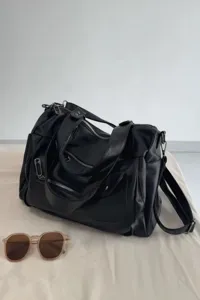 Black vintage motorcycle travel duffel bag large capacity multi zipper cross body tote.