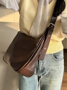 Retro brown shoulder bag for women, vintage slouchy crossbody hobo bag, stylish daily purse.