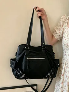 Trendy black large capacity shoulder bag for women, retro multi-pocket PU leather tote.