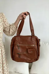 Vintage brown PU leather shoulder handbag with multi pockets, spacious tote travel bag.