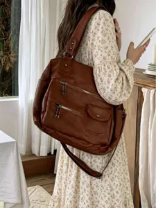 Retro Large Capacity PU Leather Shoulder Crossbody Travel Bag with Multi Zipper Pockets