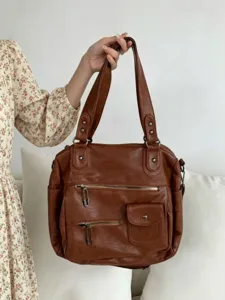 Vintage brown leather shoulder bag large capacity casual tote multi-pocket handbag for women