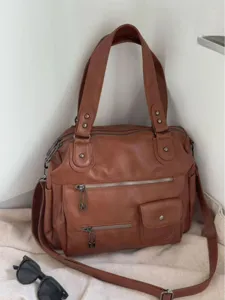 Vintage brown leather tote bag large capacity multi-pocket travel shoulder crossbody bag for women