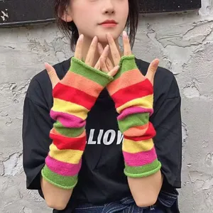 Women's Striped Arm Sleeves Colorful Rainbow Fingerless Gloves Knitted Long Wrist Warmers Party Festival Costume Accessories