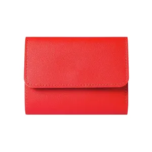 Red minimalist short women wallet detail, slim tri-fold card holder coin purse leather.