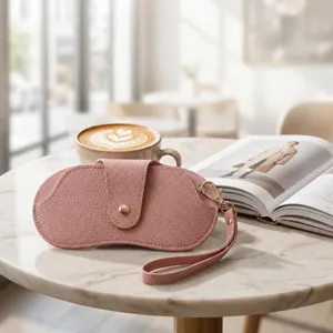 Portable PU Leather Glasses Case With Wrist Strap And Metal Snap Button Sunglasses Storage Protector Bag For Women